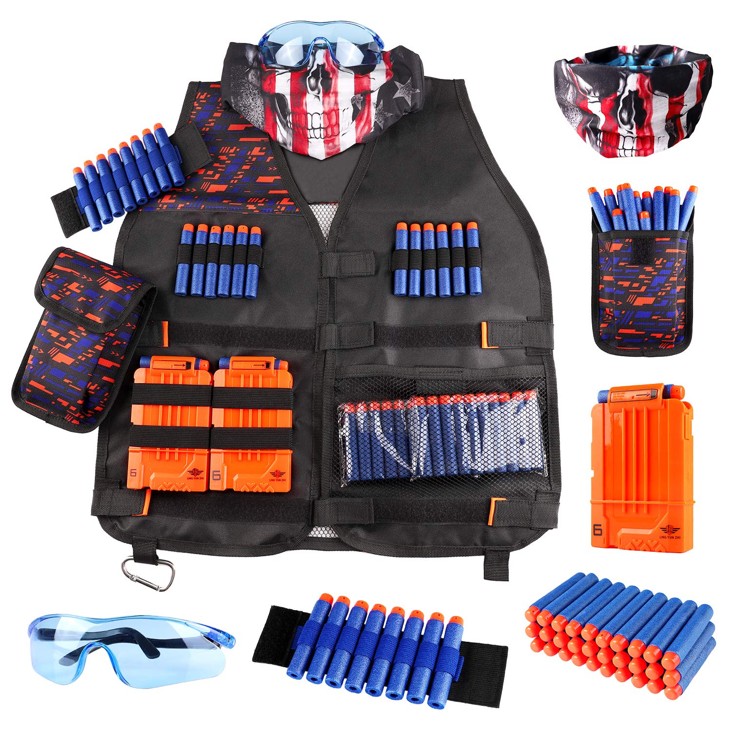 Kids Tactical Vest Kit for Nerf Guns N-Strike Elite Series with Refill Darts Dart Pouch, Reload Clip Tactical Mask Wrist Band and Protective Glasses for kids Boys & girls