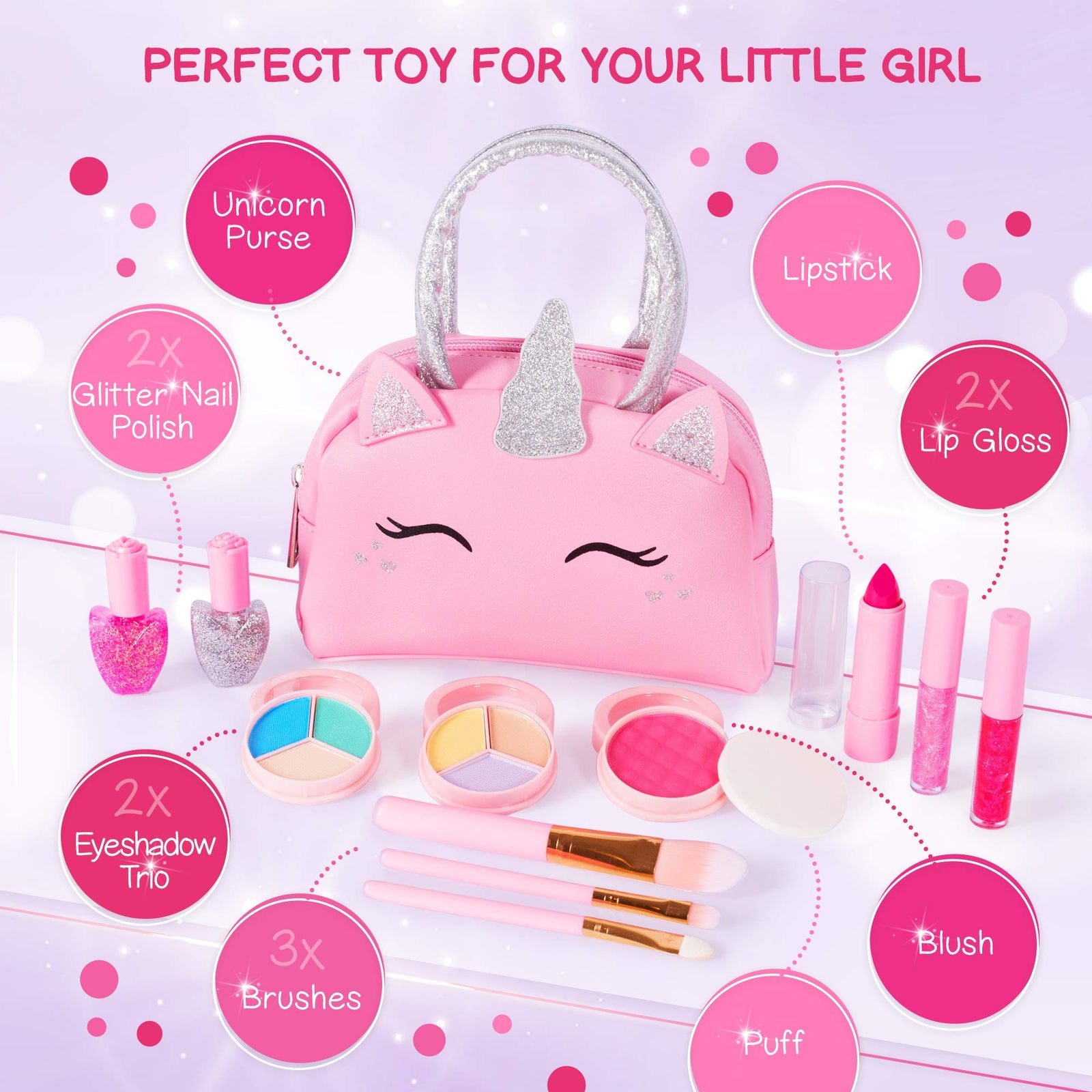 Sprinkles Toyz Kids Real Makeup Kit for Little Girls: with Pink Unicorn Make up Bag - Real, Non Toxic, Washable Make Up Toys - Gifts for Toddler Girl Young Children, Kid Princess Pretend Play Set