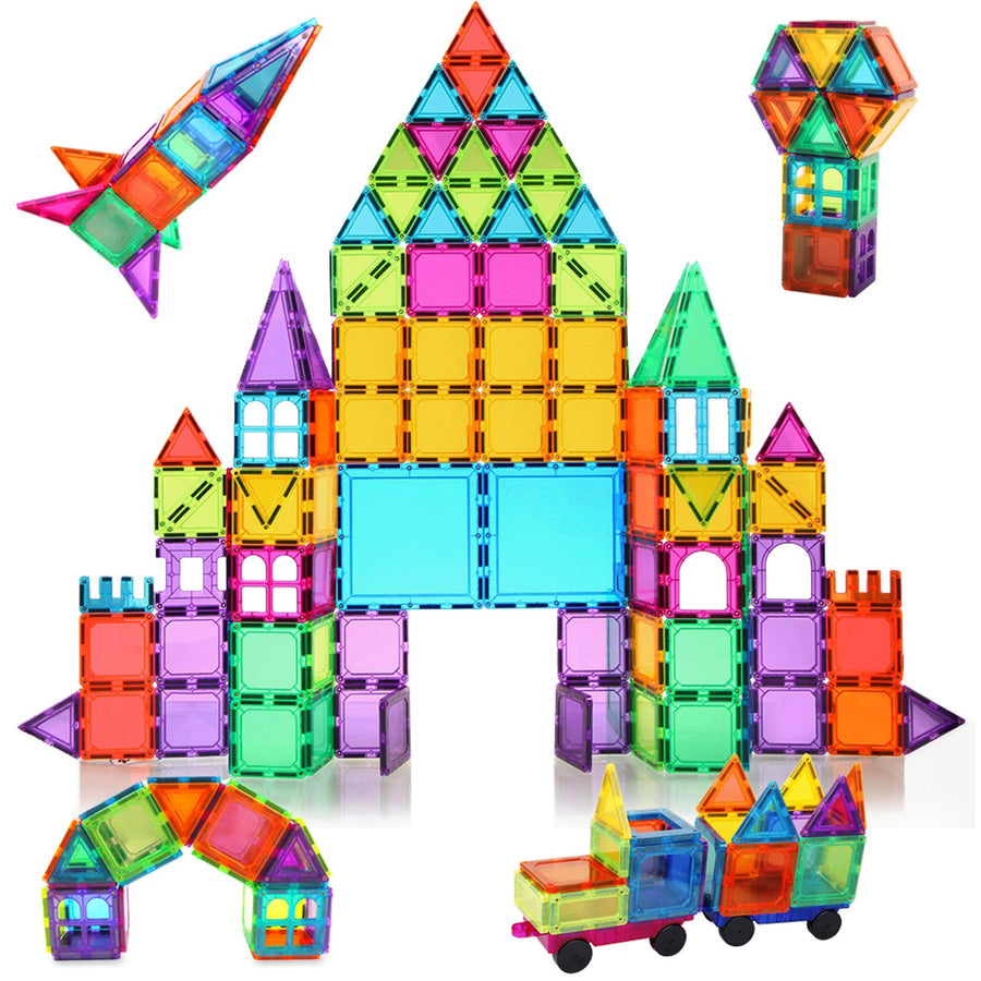 BMAG 120 PCS Magnetic Building Blocks, 3D Magnet Building Tiles, STEM Construction Building Set, Stacking Toys with 2 Car