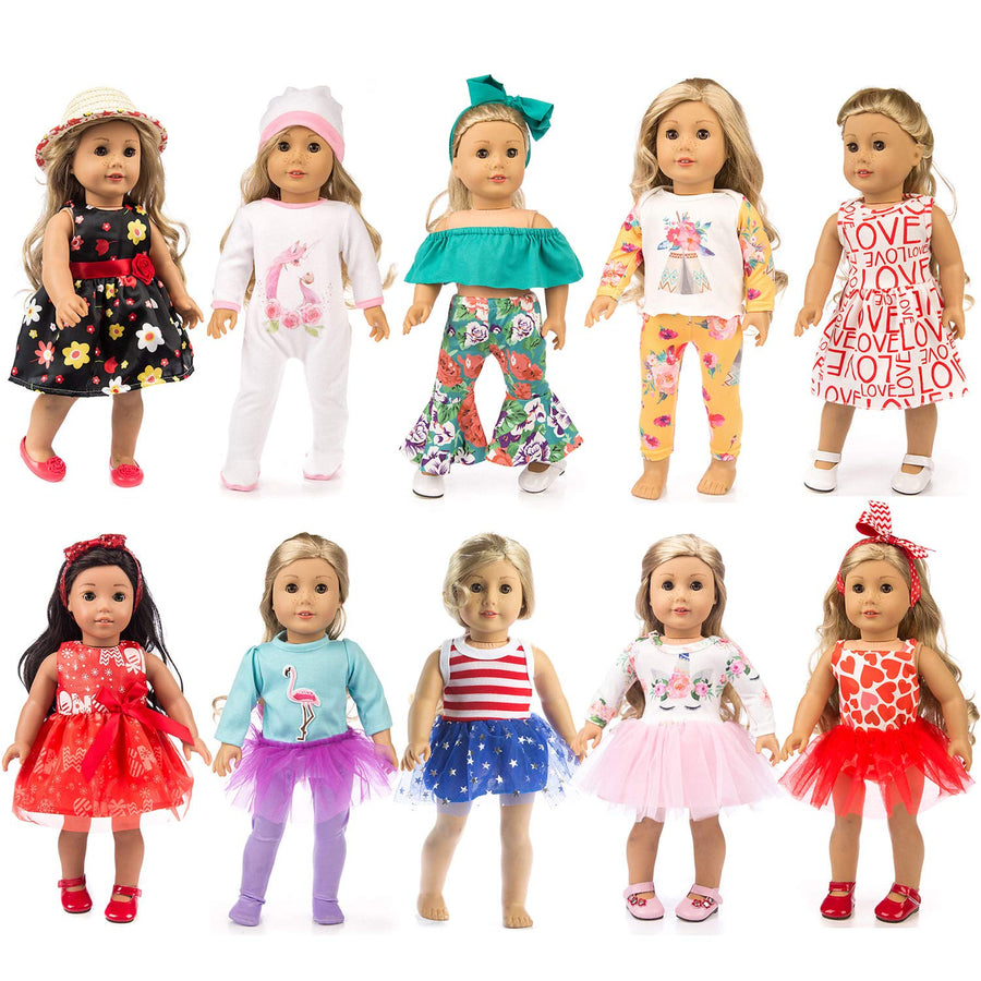 ZQDOLL 19 pcs Girl Doll Clothes Gift for American 18 inch Doll Clothes and Accessories, Including 10 Complete Sets of Clothing