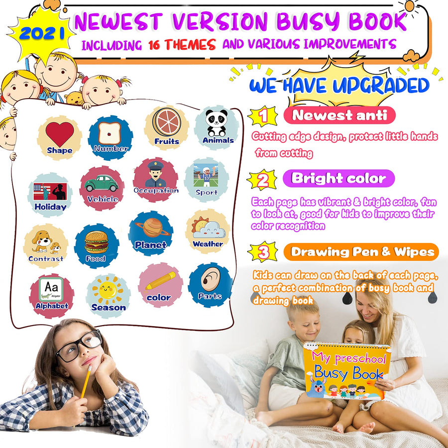 HeyKiddo Toddler Busy Book, Autism Toys for Kids, Preschool Learning Activity Binder, 16 Themes with Colorful Pages, Educational Book for Autism & Special Needs, Drawing Book for Home School Learning