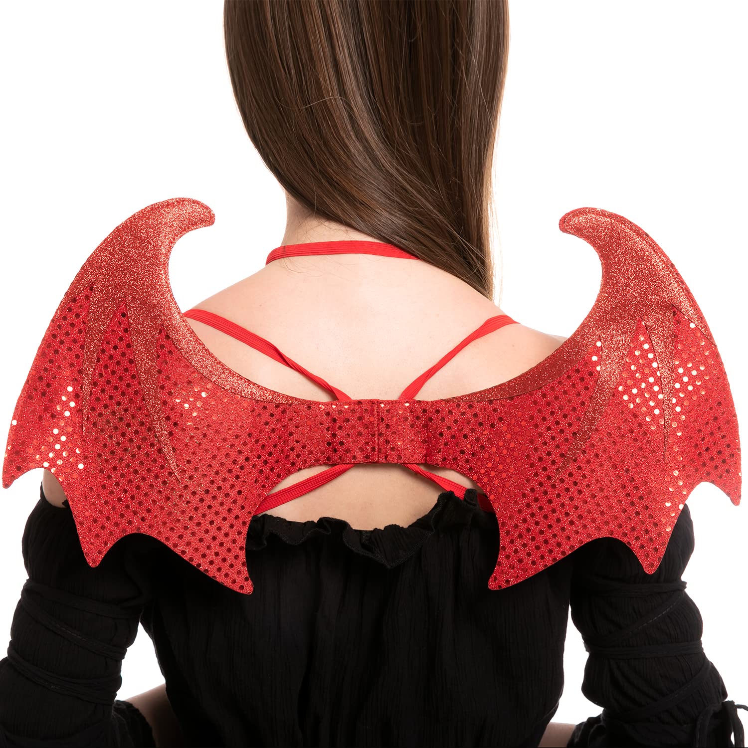 Spooktacular Creations 5 Pieces Halloween Devil Costume Set with Red Devil Wings, Devil Pitchfork, Bow Tie, Sequin Devil Horn Headband, and Devil Tail Demon Costume Accessories for Cosplay Party
