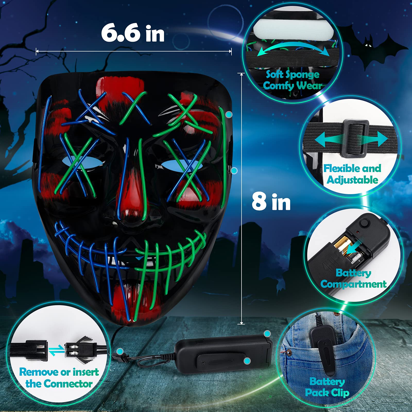 LED Purge Mask Halloween Costume - 3 Modes Scary Light Up Mask for Men Women Kids Glowing Mask for Halloween Cosplay
