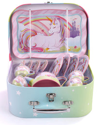 JOYIN Unicorn Castle Pretend Tin Teapot Set for Tea Party and Kids Kitchen Pretend Play
