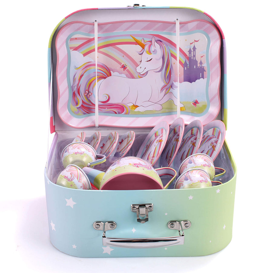 JOYIN Unicorn Castle Pretend Tin Teapot Set for Tea Party and Kids Kitchen Pretend Play