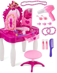 Prextex Kids Makeup Table with Mirror and Chair, Princess Play Set, Vanity Table with Makeup Accessories and Light and Musical Sound Effects for Toddler Girls
