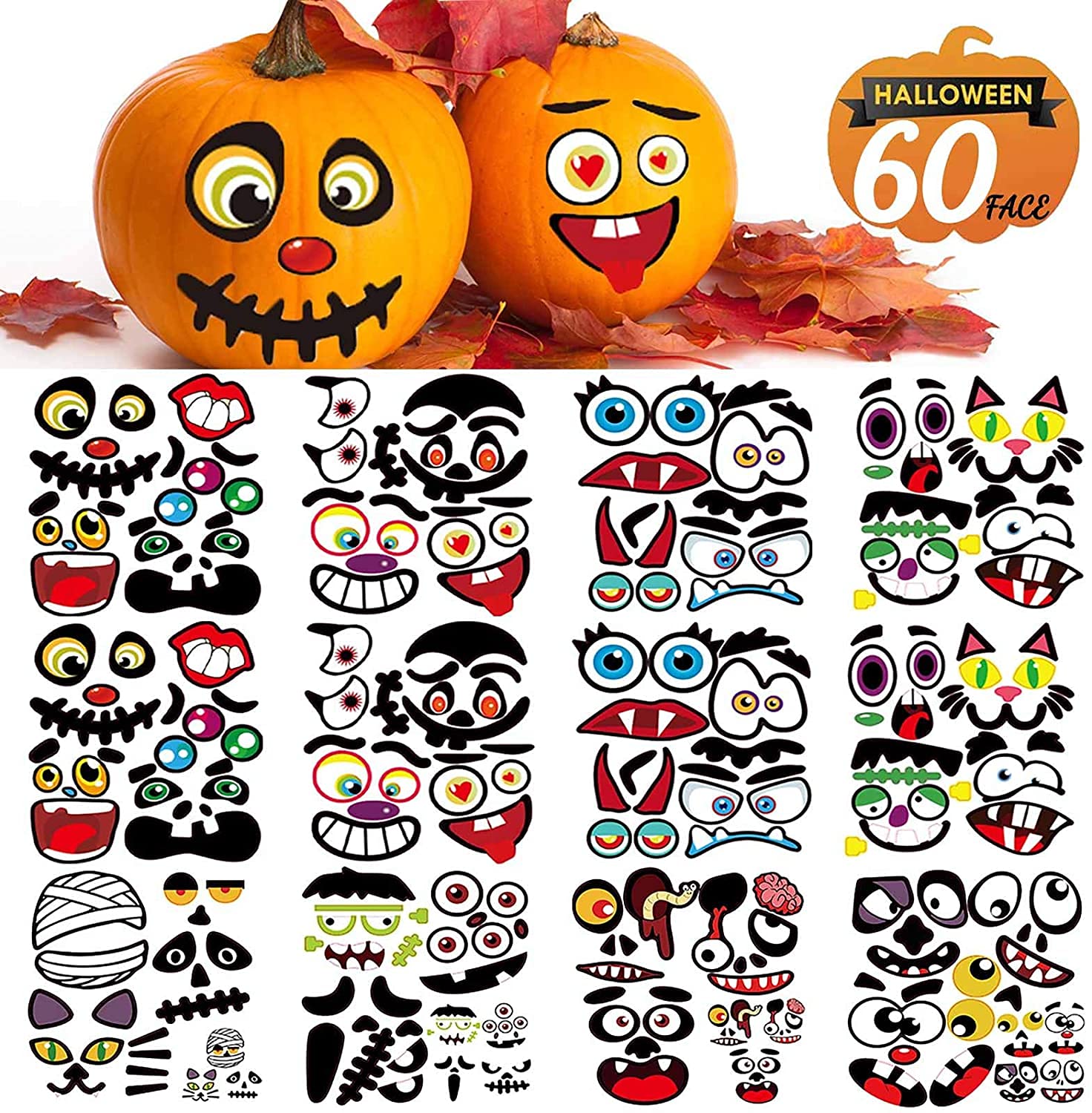 Halloween Pumpkin Decorating Stickers, Jack-O-Lantern Face Decals Kit for Pumpkins and Squashes, 60 Cute Expressions Crafts Stickers Halloween Treat Party Supplies Idea Gifts for Kids