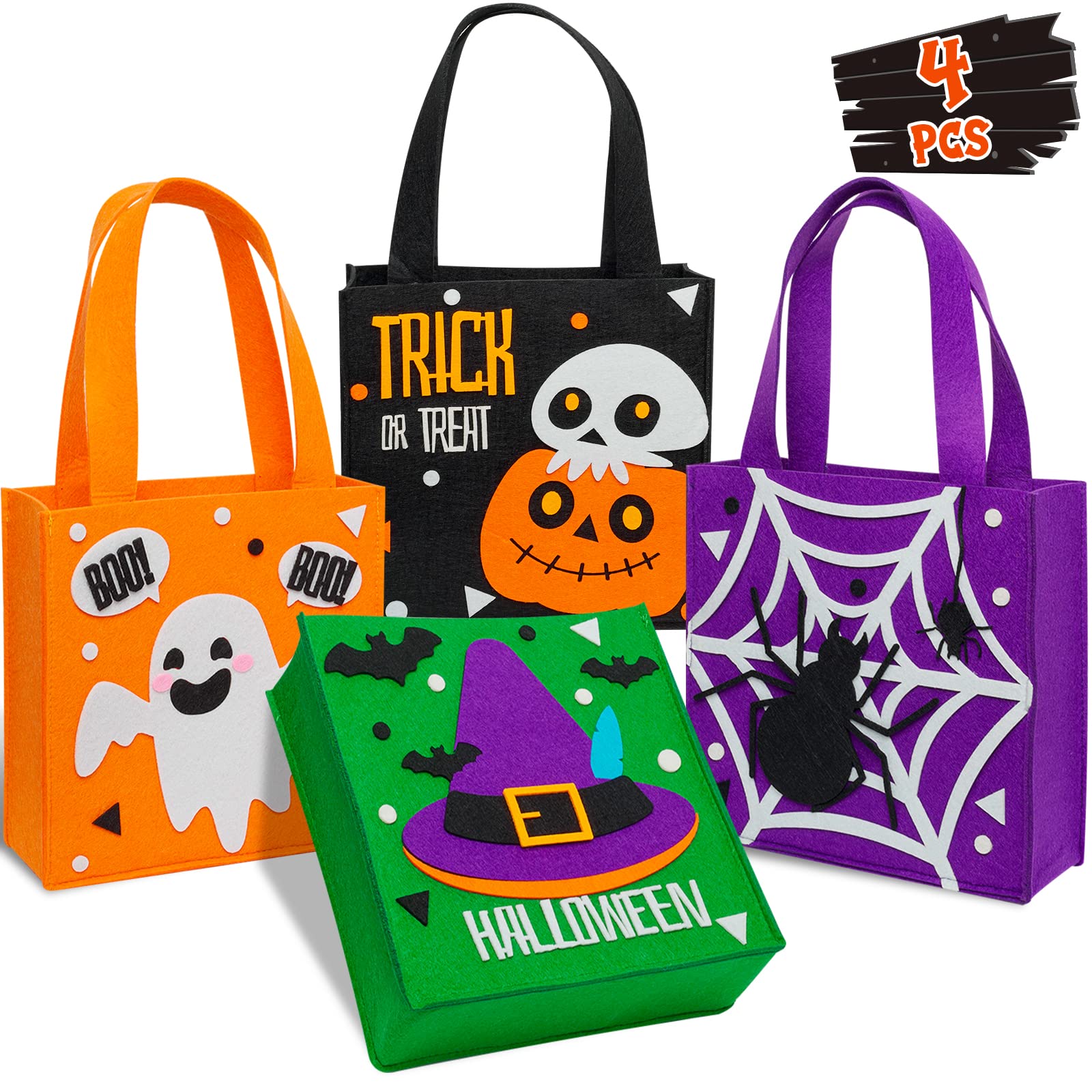 4 Pack Candy Felt Holder Halloween Bags Trick or Treat Gift Bags for Kids, Halloween Boo Spooky Baskets, Trick or Treating Bags, Halloween Candy Bags, Halloween Snacks Bucket, Halloween Goodie Bags