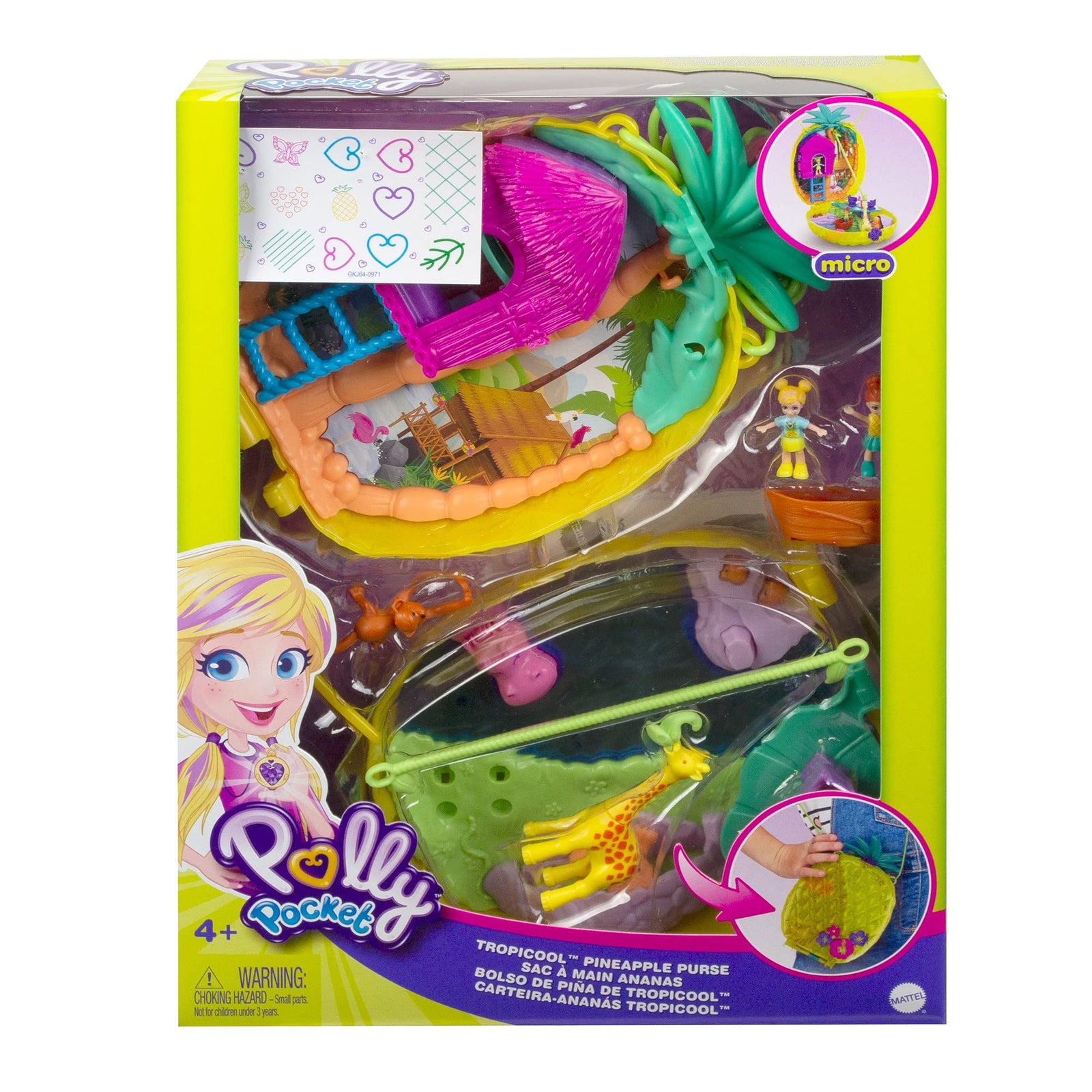 Polly Pocket Tropicool Pineapple Wearable Purse Compact with 8 Fun Features, Micro Polly and Lila Dolls, 2 Accessories and Sticker Sheet; for Ages 4 and Up