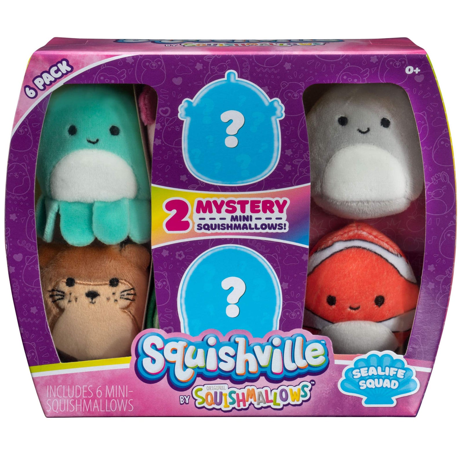Squishville by Squishmallow Mini Plush Sealife Squad, Six 2” Soft Mini-Squishmallow Sea Animals, Irresistebly Soft Colorful Plush, Mini Shark, Otter, and Seahorse Squishmallows