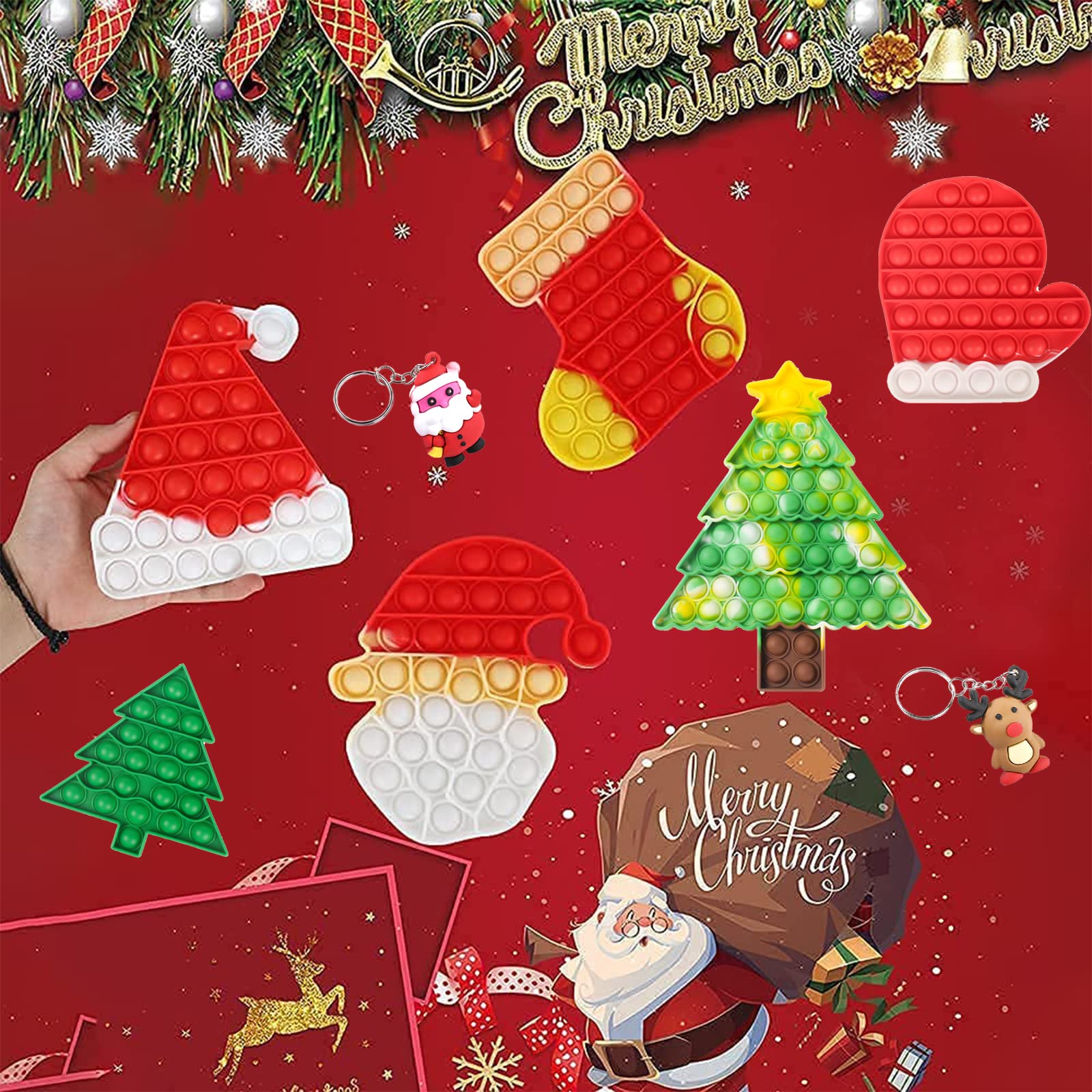 6Pack Christmas Pop Fidget Toys Pack for Kids Girls Boys with 2 Keychain its Push Bubble Sensory Toy Poppers Christmas Stockings Party Gifts Stress Autism Relief for Adults