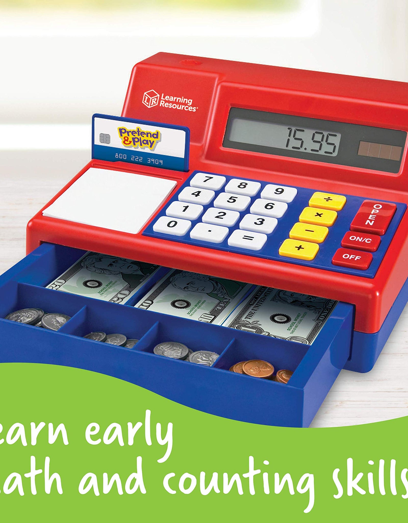 Learning Resources Pretend & Play Calculator Cash Register, Pretend Play Toys, Classic Counting Toy, Play Cash Register for Kids, Develops Early Math Skills, 73 Pieces, Ages 3+