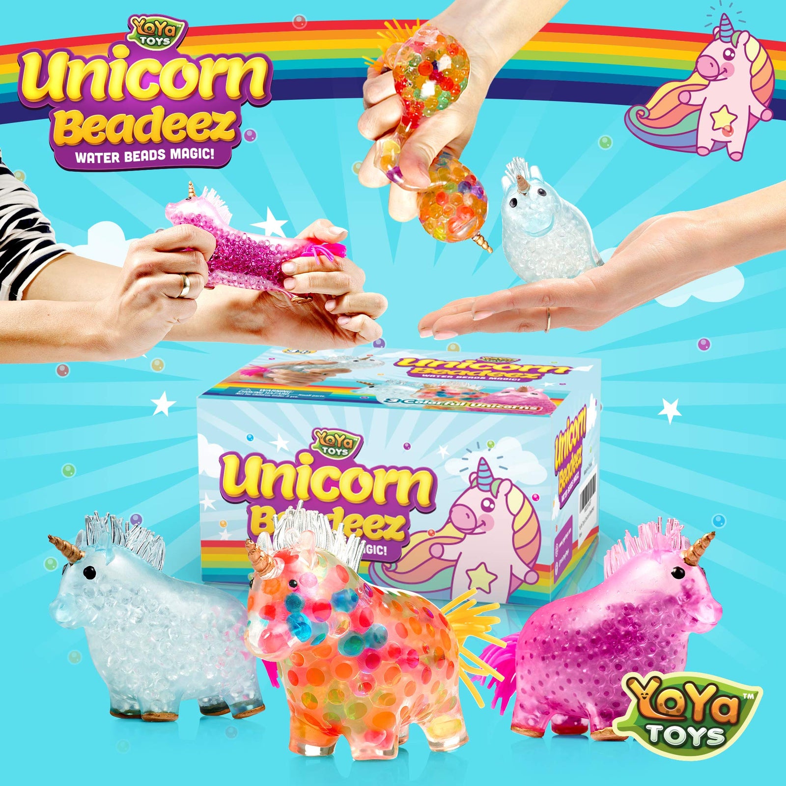 YoYa Toys Beadeez Unicorn Squishy Stress Balls Toy (3-Pack) for Girls, Boys, or Adults - Colorful, Gel Water Beads Balls Inside - Promote Anxiety and Stress Relief - Promote Calm Focus and Play