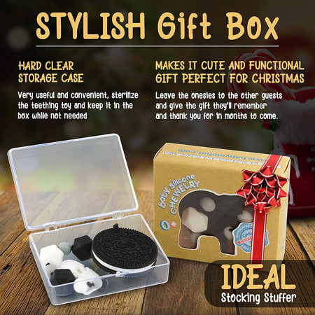 Baby Elefun Teething Toys Cookie and Pacifier Clip, Ideal Stocking Stuffers Gift Package for Christmas Included, Highly Effective BPA Free Silicone Teethers Toy for Babies 0-6 6-12 Months Boy or Girl