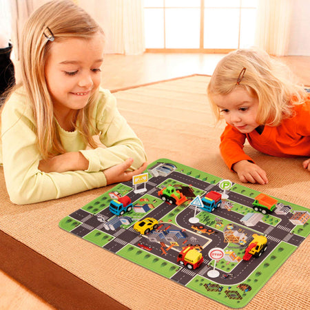 Construction Toys with Play Mat, Engineering Vehicles Set Include 6 Construction Trucks, 4 Road Signs, 14" x 18" Playmat, Pull Back Car Toys, Toys for 3 4 5 Year Old Boys Toddle Kid