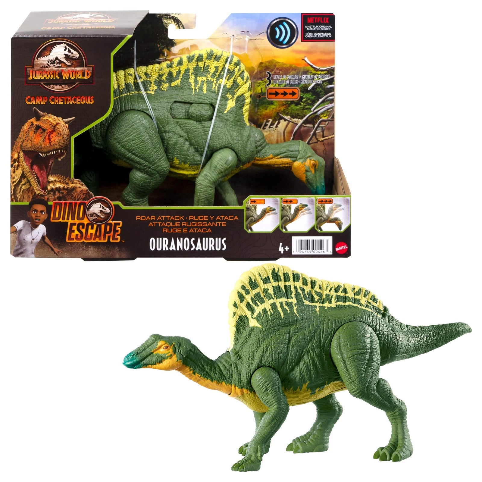 Jurassic World Roar Attack Ouranosaurus Camp Cretaceous Dinosaur Figure with Movable Joints, Realistic Sculpting, Strike Feature & Sounds, Herbivore, Kids Gift 4 Years & Up