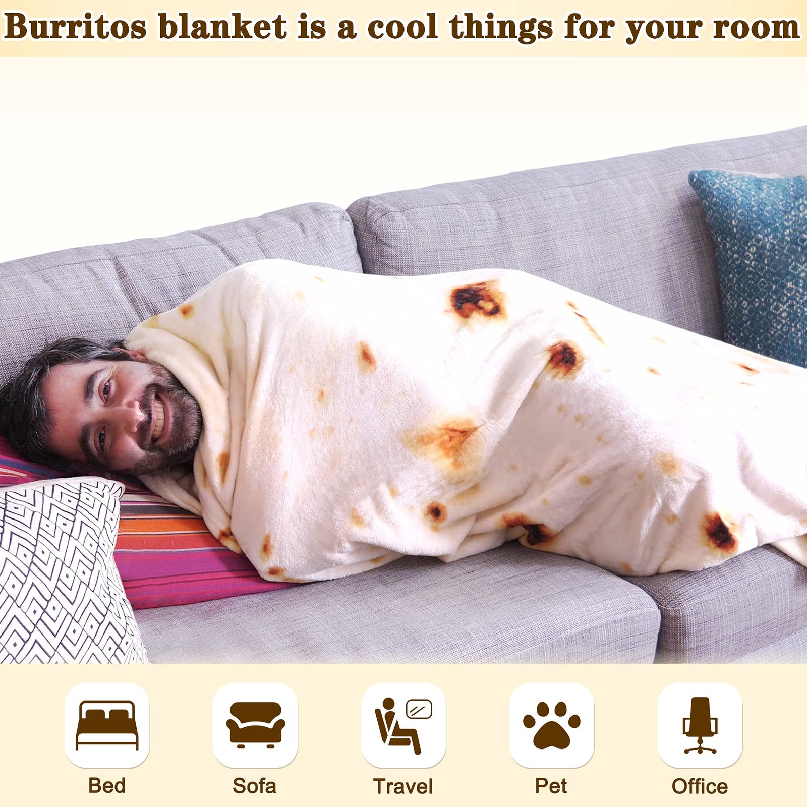 mermaker Burritos Tortilla Blanket 2.0 Double Sided 71 inches for Adult and Kids, Giant Funny Realistic Food Throw Blankets, 285 GSM Novelty Soft Flannel Taco Blanket (Yellow Blanket-Double Sided)