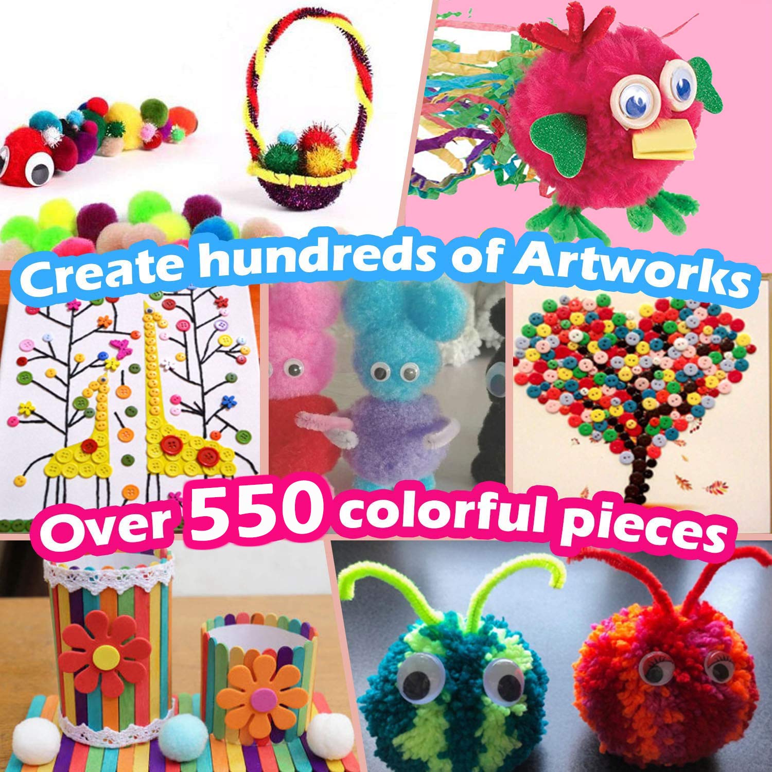 MOISO Mega Kids Crafts and Art Supplies Jar Kit - 550+ Piece Set - Make Bracelets and Necklaces - Plus Glitter Glue, Construction Paper, Colored Popsicle Sticks, Google Eyes, Pipe Cleaners