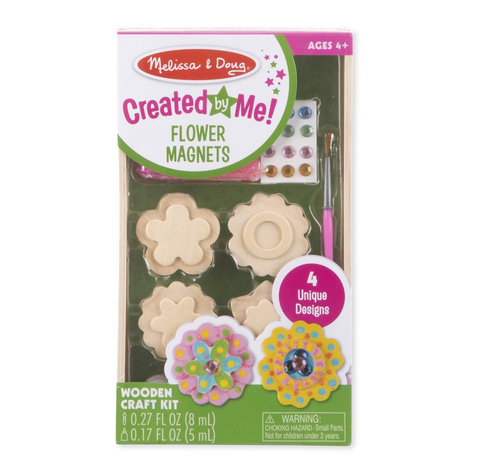 Melissa & Doug Created by Me! Flower Wooden Magnets Craft Kit (4 Designs, 4 Paints, Stickers, Glitter Glue)