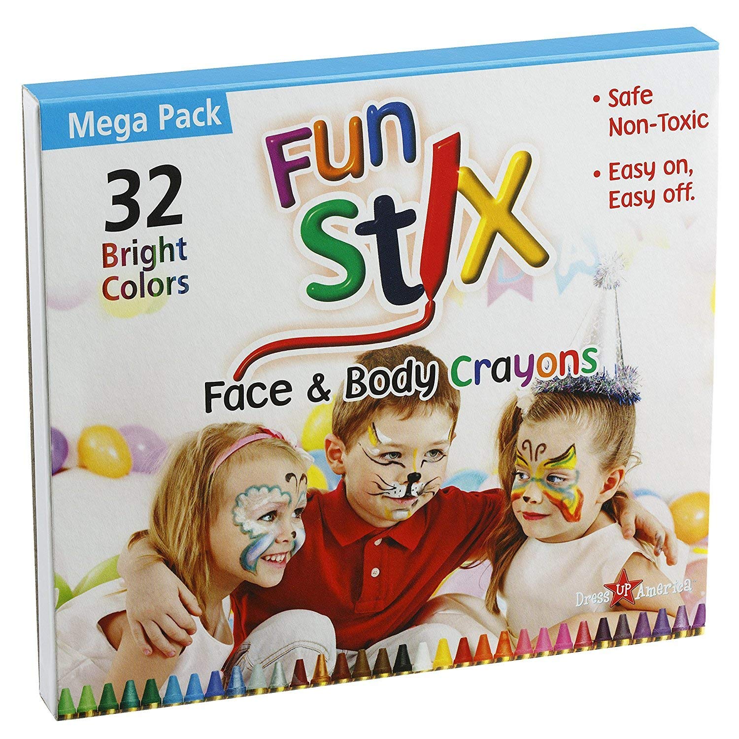 Dress-Up-America Face Paint Crayons - With Artbook & Easy To Follow Facepainting Designs -Safe Non-Toxic Face And Body Paint Made in Taiwan - Halloween Makeup Face Painting Kit for Kids & Adults