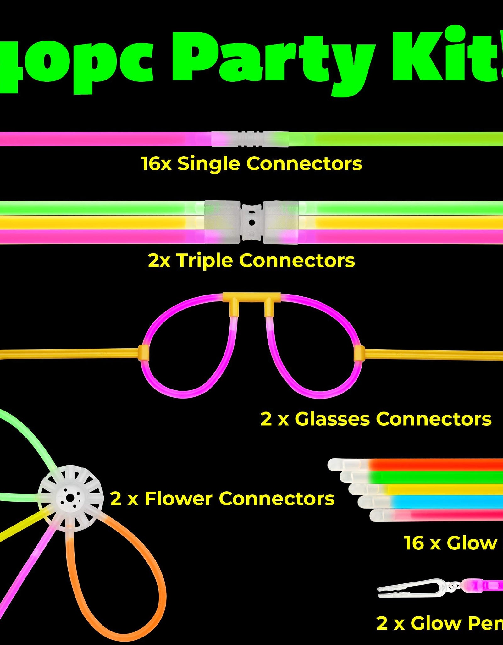 PartySticks Moondance Glow Sticks and Connectors - 40pk Glow in The Dark Party Favors with 16 Glow Sticks Party Decorations and 24 Connectors for Light Up Glasses, Glow Necklaces, Glow Bracelets
