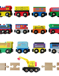Tiny Conductors 12 Wooden Train Cars, 1 Bonus Crane, 4 Bonus Connectors, Locomotive Tank Engines and Wagons for Toy Train Tracks, Compatible with Thomas Wood Toy Railroad Set (Trains)
