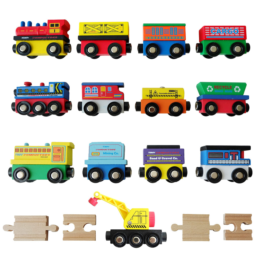 Tiny Conductors 12 Wooden Train Cars, 1 Bonus Crane, 4 Bonus Connectors, Locomotive Tank Engines and Wagons for Toy Train Tracks, Compatible with Thomas Wood Toy Railroad Set (Trains)