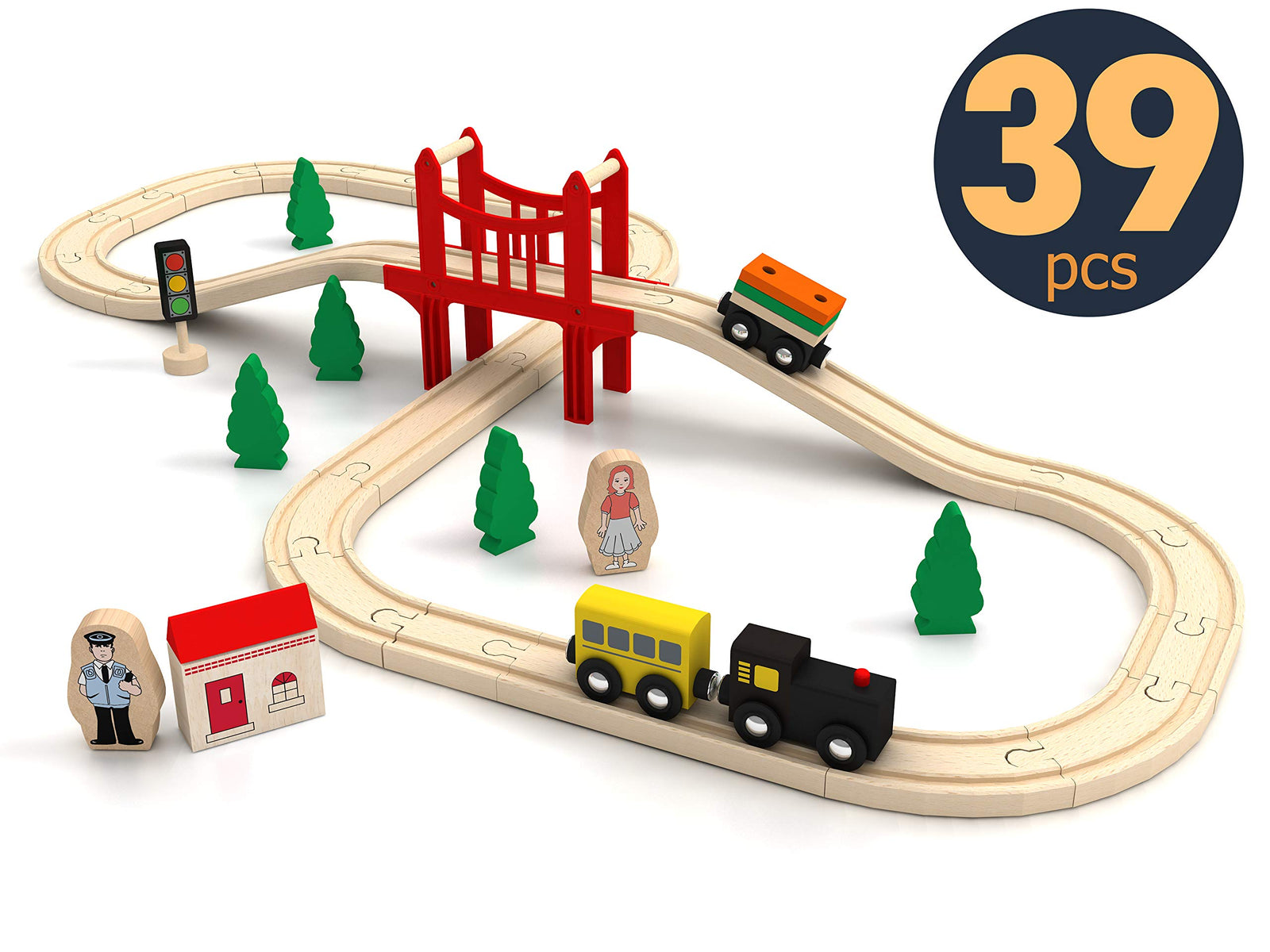 Wooden Train Set for Toddler - 39 Piece- with Wooden Tracks Fits Thomas, Brio, Chuggington, Melissa and Doug- Expandable, Changeable-Train Toy for 3 4 5 Years Old Girls & Boys