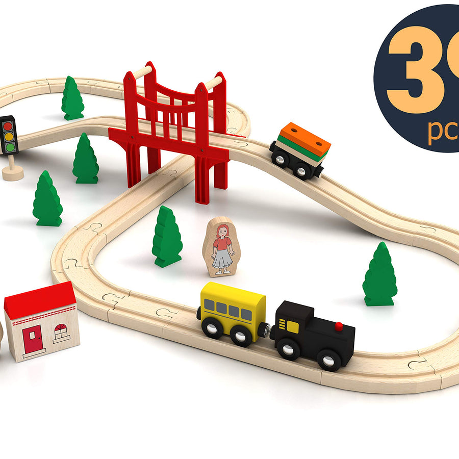 Wooden Train Set for Toddler - 39 Piece- with Wooden Tracks Fits Thomas, Brio, Chuggington, Melissa and Doug- Expandable, Changeable-Train Toy for 3 4 5 Years Old Girls & Boys
