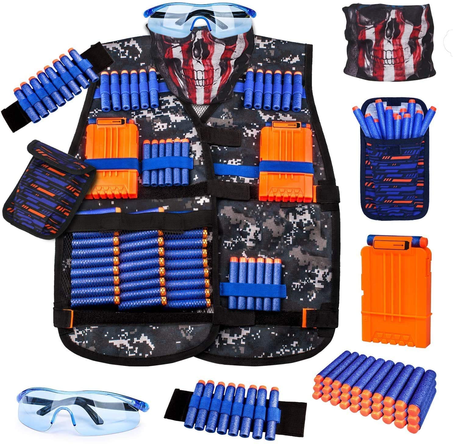 Kids Tactical Vest Kit for Nerf Guns Series with Refill Darts,Dart Pouch, Reload Clips, Tactical Mask, Wrist Band and Protective Glasses,Nerf Vest Toys for 8 9 10 11 12 Year Boys