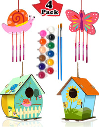 HOME COMPOSER 4 Pack DIY Bird House Wind Chime Kits for Children to Build and Paint, Wooden Arts and Crafts for Kids Girls Boys Toddlers Ages 8-12 4-6 6-8, Paint Kit Includes Paints & Brushes
