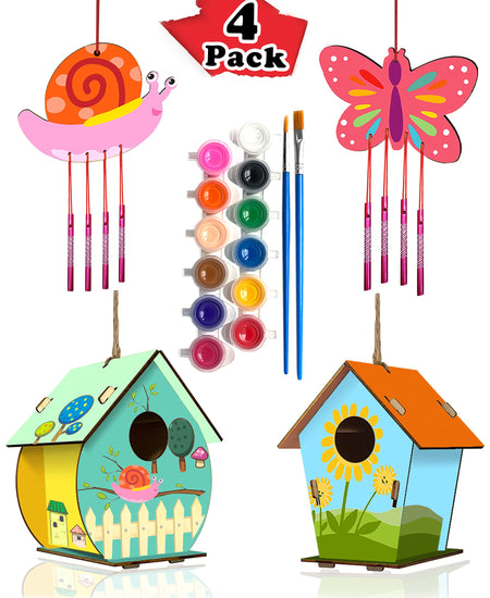 HOME COMPOSER 4 Pack DIY Bird House Wind Chime Kits for Children to Build and Paint, Wooden Arts and Crafts for Kids Girls Boys Toddlers Ages 8-12 4-6 6-8, Paint Kit Includes Paints & Brushes