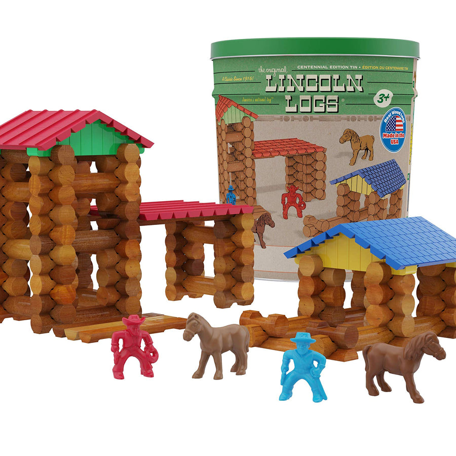 Lincoln Logs Centennial Edition Tin Amazon Exclusive-150+ Pieces-Real Wood-Ages 3+-Best Retro Building Gift Set for Boys/Girls-Creative Construction Engineering-Top Blocks Kit-Preschool Education Toy
