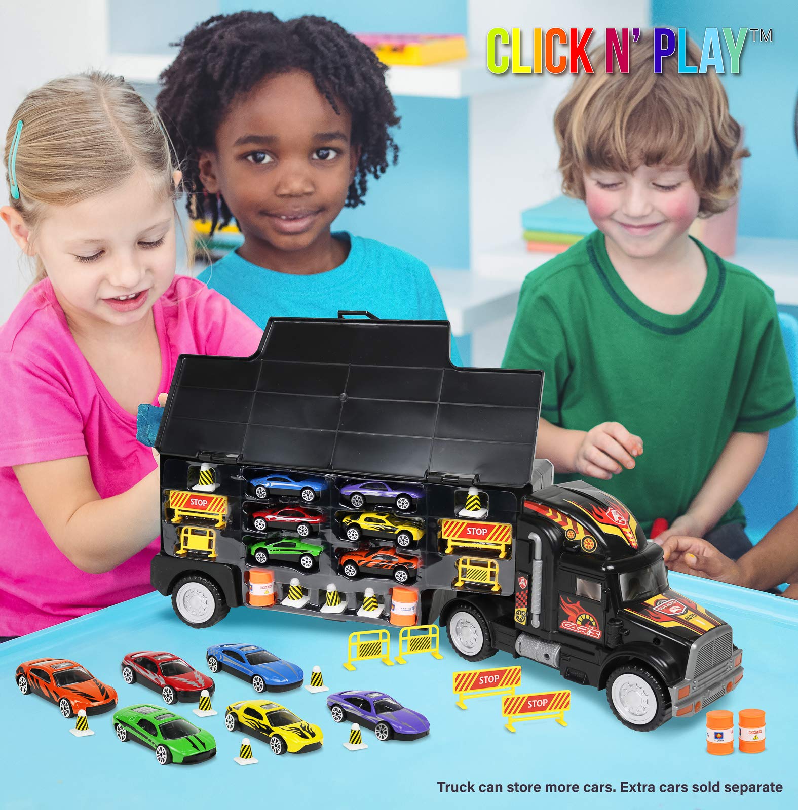 Click N' Play Transport Car Carrier Truck, Loaded with Cars, Road Signs & More. Holdup To 28 Cars. Jumbo 22" Long