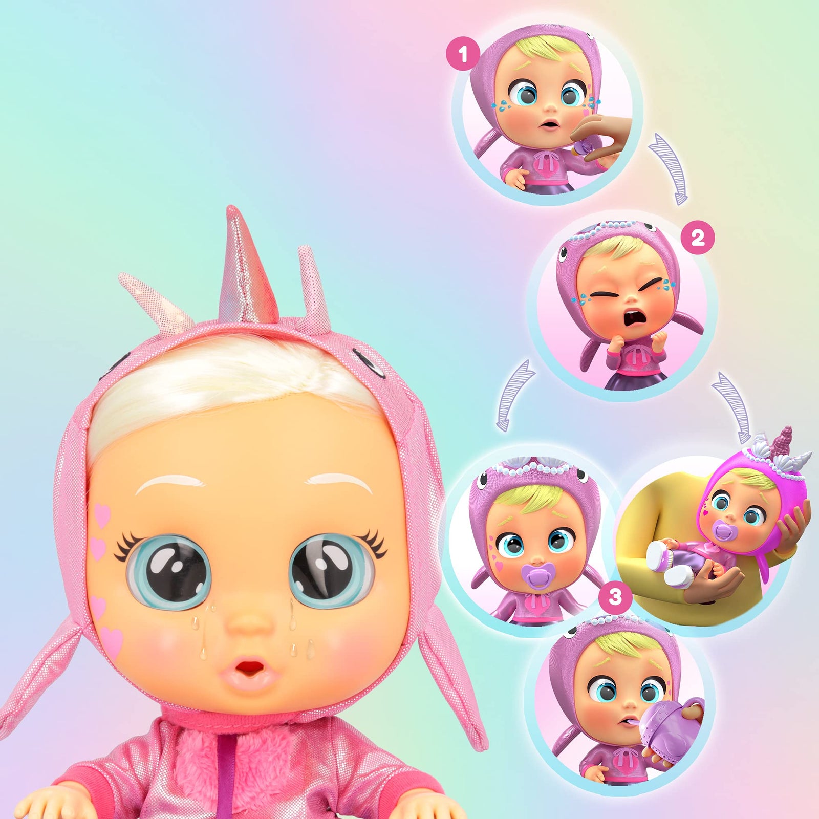 Cry Babies Kiss Me Stella - 12" Baby Doll | Deluxe Blushing Cheeks Feature | Shimmery Changeable Outfit with Bonus Baby Bottle