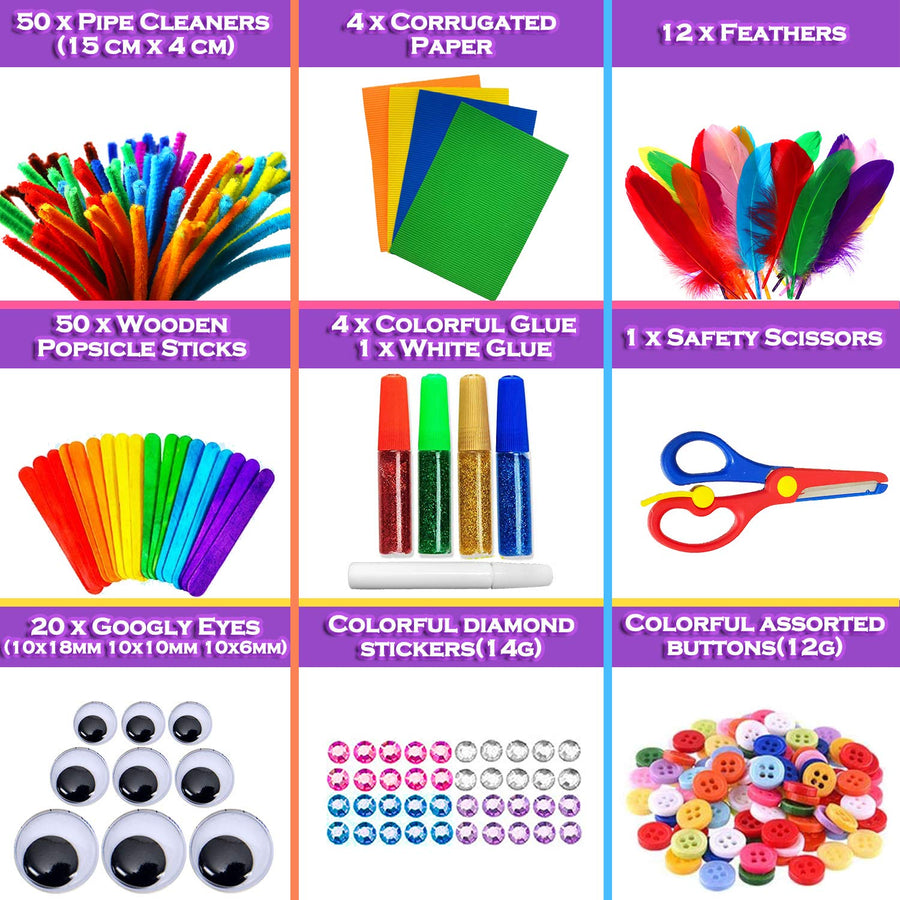 MOISO Mega Kids Crafts and Art Supplies Jar Kit - 550+ Piece Set - Make Bracelets and Necklaces - Plus Glitter Glue, Construction Paper, Colored Popsicle Sticks, Google Eyes, Pipe Cleaners