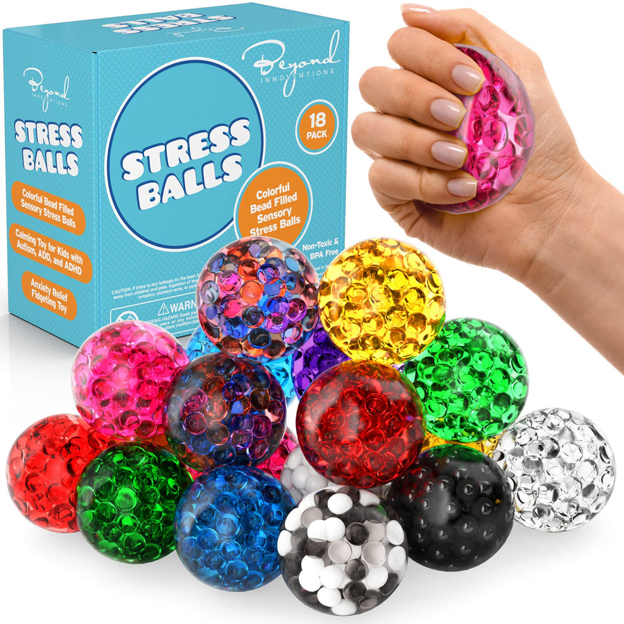Stress Ball Set - 18 Pack - Stress Balls Fidget Toys for Kids and Adults - Sensory Ball, Squishy Balls with Colorful Water Beads,Anxiety Relief Calming Tool - Fidget Stress Toys for Autism & ADD/ADHD