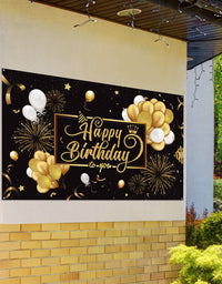 Happy Birthday Backdrop Banner Large Black Gold Balloon Star Fireworks Party Sign Poster Photo Booth Backdrop for Men Women 30th 40th 50th 60th 70th 80th Birthday Party Decorations, 72.8 x 43.3 Inch
