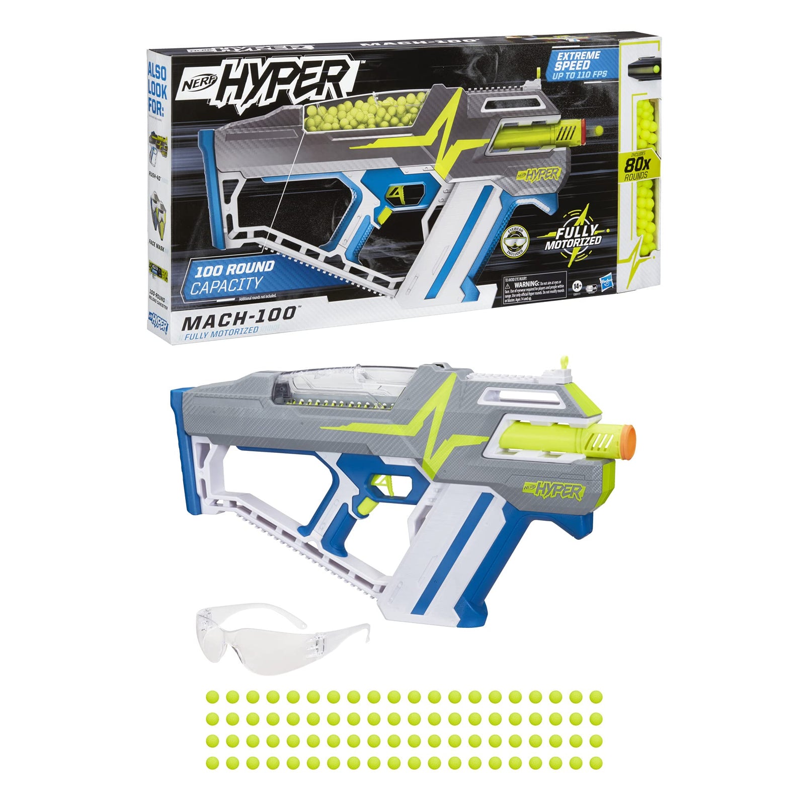 NERF Hyper Mach-100 Fully Motorized Blaster, 80 Hyper Rounds, Eyewear, Up to 110 FPS Velocity, Easy Reload, Holds Up to 100 Rounds