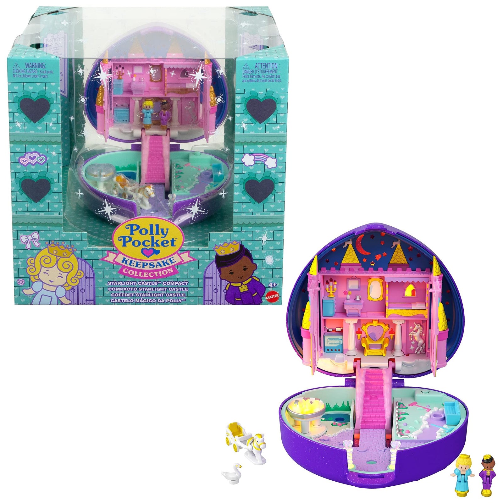 Polly Pocket Keepsake Collection Starlight Castle Compact, Enchanted Castle Theme, Special Box, Polly & Prince Dolls, Carriage, Swan & Unicorn Figures, Collectible Gift for Polly Fans