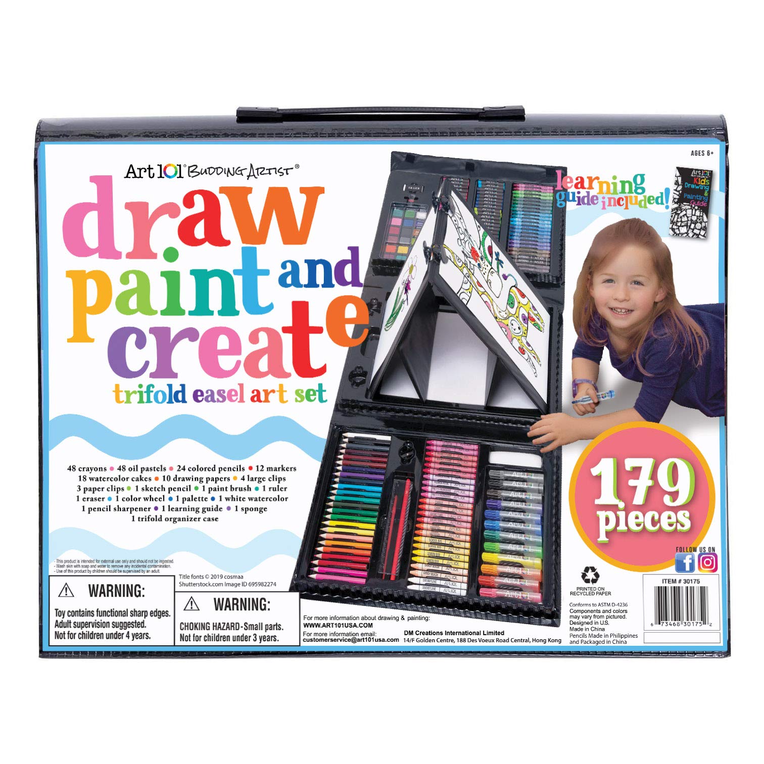 Art 101 Budding Artist 179 Piece Draw Paint and Create Art Set with Pop-Up Double-Sided Easel, Includes markers, crayons, paints, colored pencils, Case includes pop up easel, Portable Art Studio