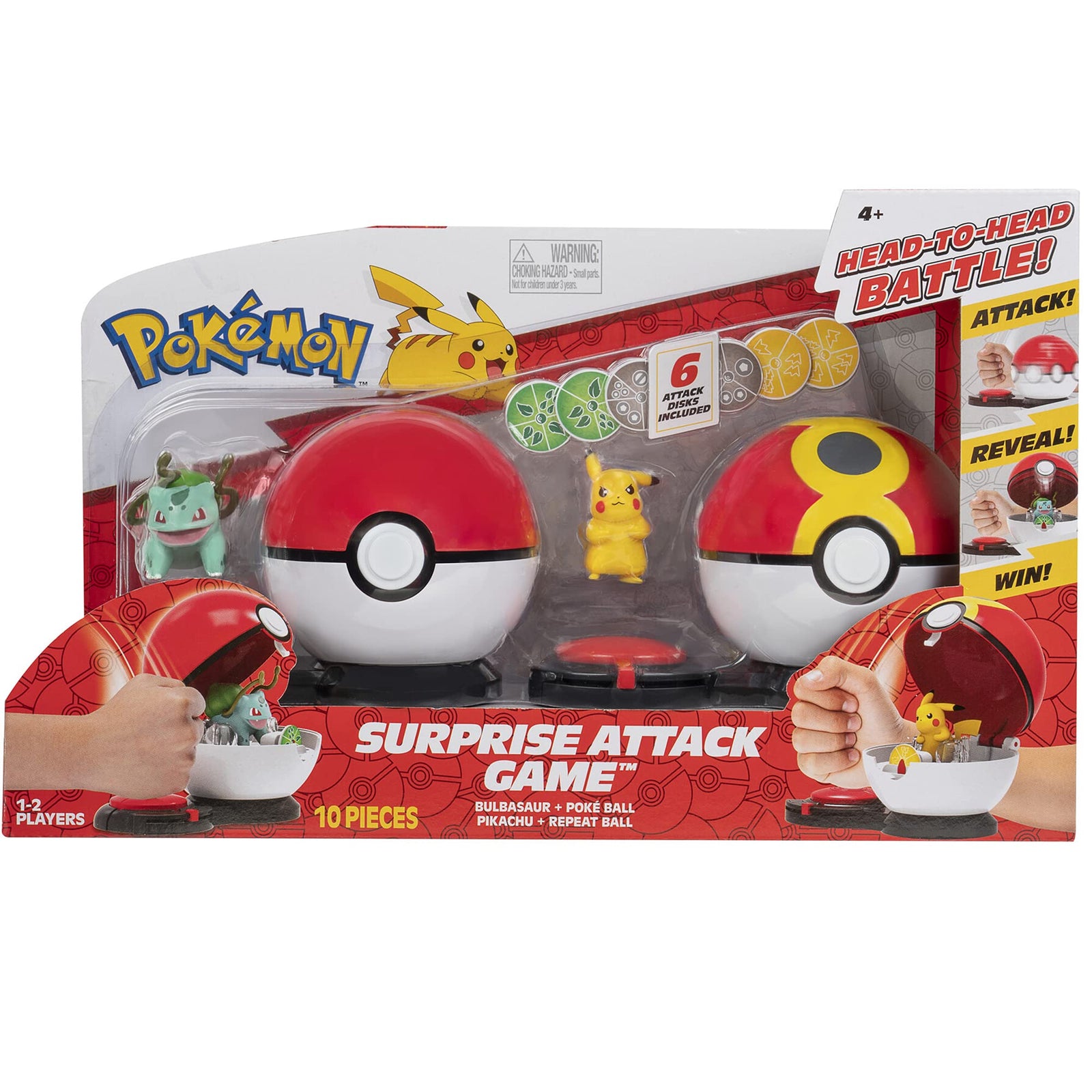 Pokemon Surprise Attack Game, Featuring Pikachu and Bulbasaur - 2 Surprise Attack Balls - 6 Attack Disks - Toys for Kids and Pokémon Fans