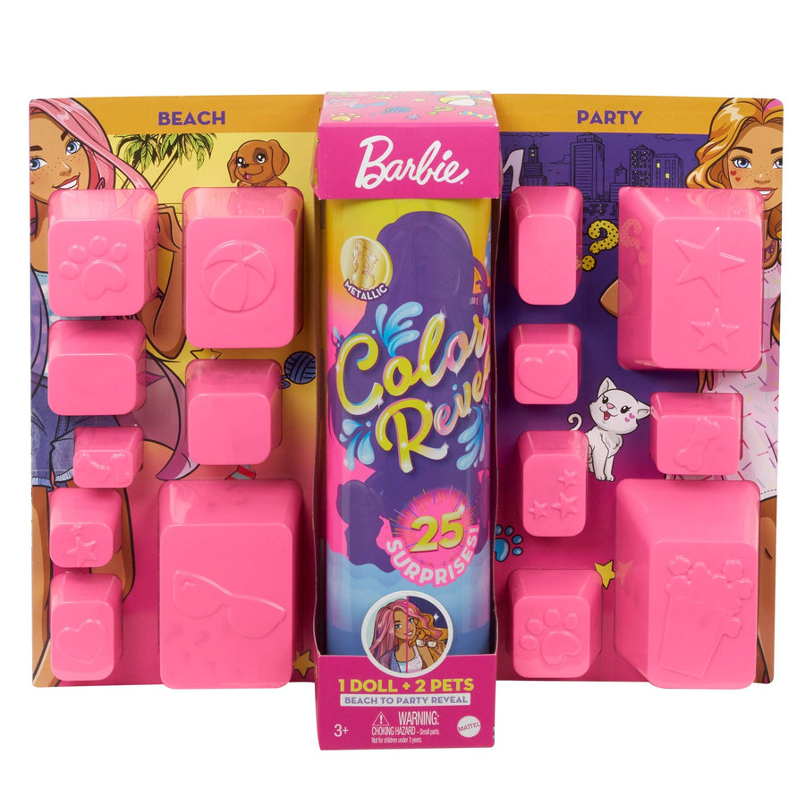Barbie Color Reveal Doll Set with 25 Surprises Including 2 Pets & Day-to-Night Transformation: 15 Mystery Bags Contain Doll Clothes & Accessories for 2 Looks; Water Reveals Look of Metallic Doll