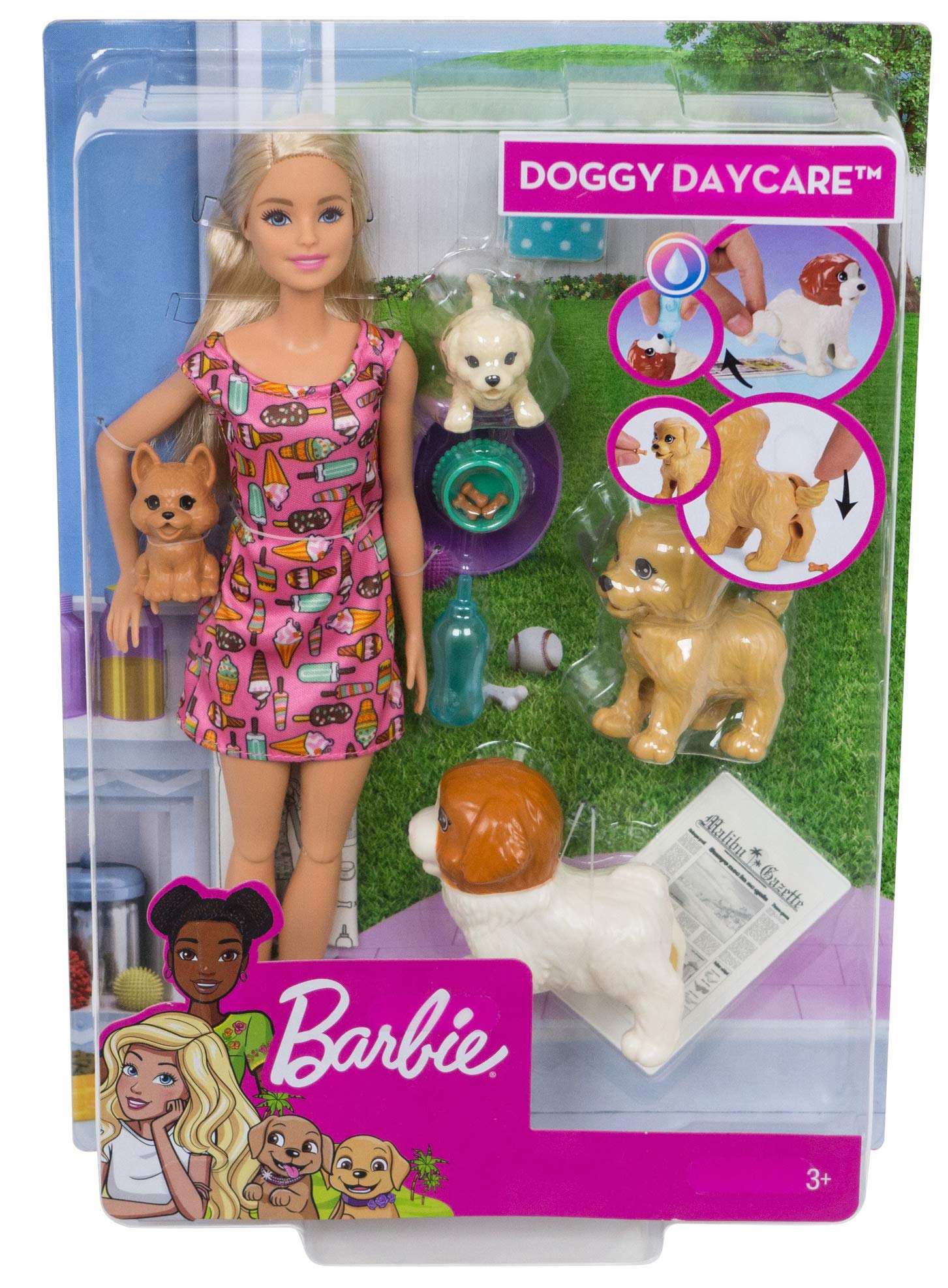Barbie Doggy Daycare Doll, Blonde, and Pets Playset with 4 Dogs, Including One Puppy that Poops and One that Pees, Plus Color-Change Paper and More, Gift for 3 to 7 Year Olds [Amazon Exclusive]