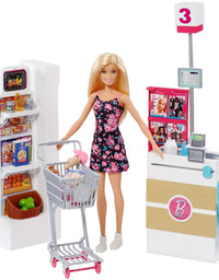 Barbie Doll, Blonde, and Grocery Store with Rolling Cart and Working Belt
