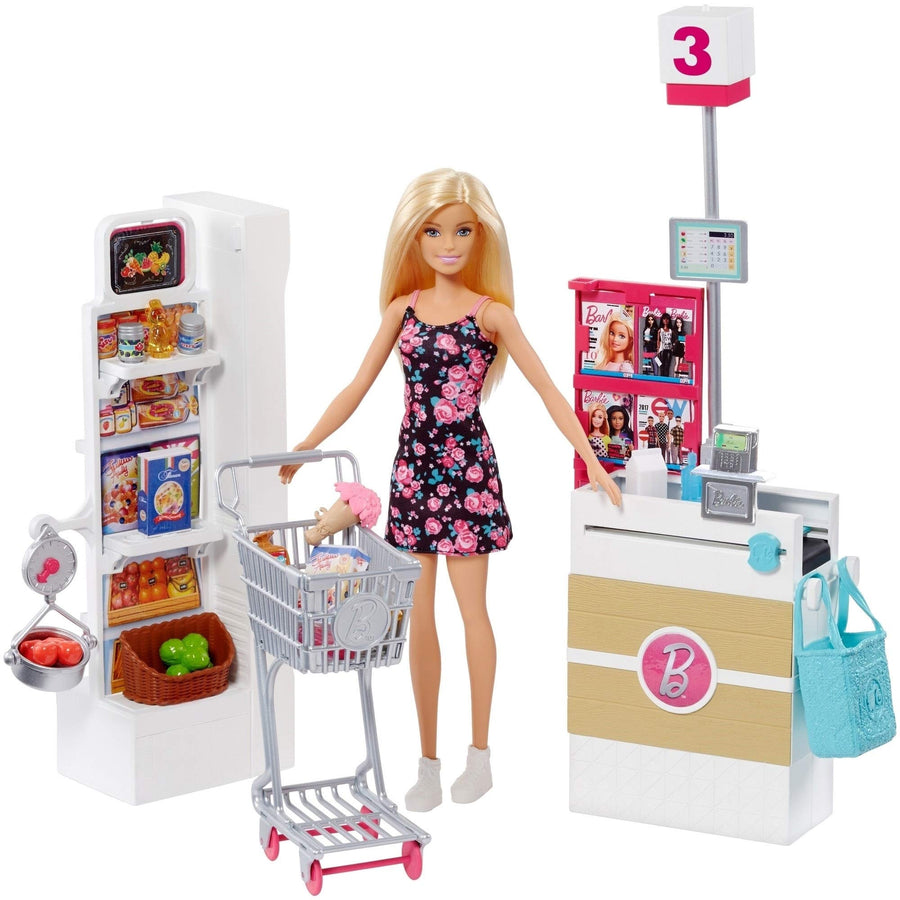 Barbie Doll, Blonde, and Grocery Store with Rolling Cart and Working Belt