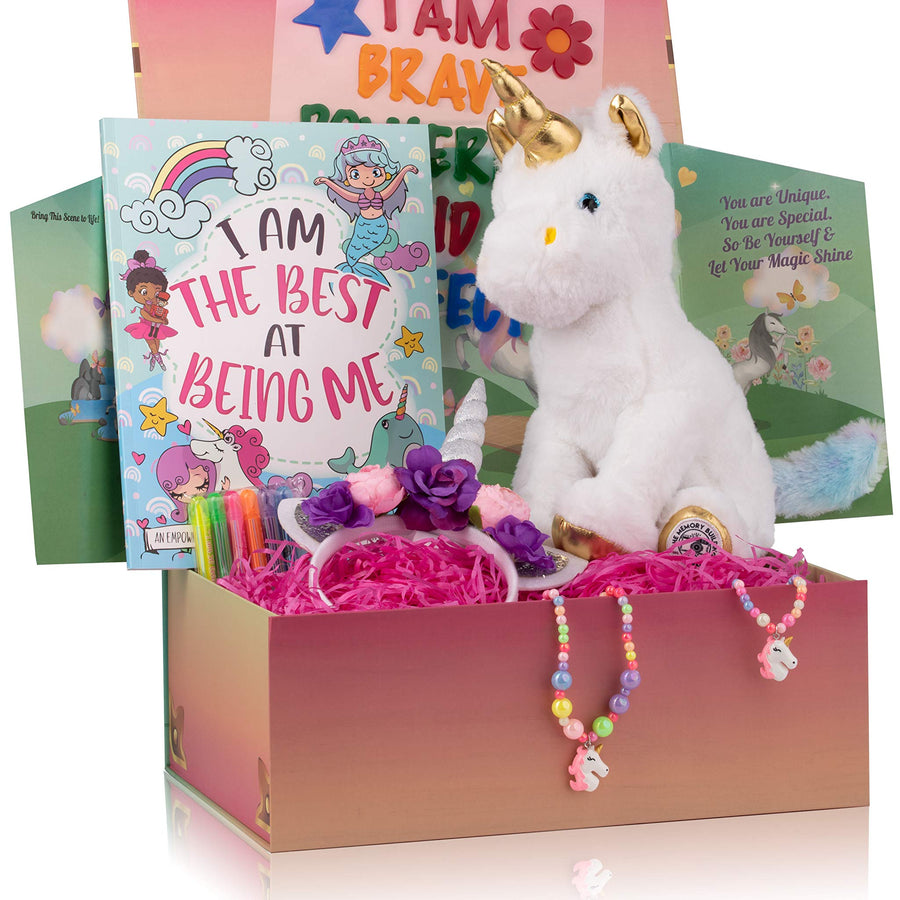 The Memory Building Company Unicorn Gifts for Girls in a Giant Surprise Box with a Unicorn Plush, Unicorn Coloring Book with Coloring Markers, Unicorn Necklace, and Unicorn Headband