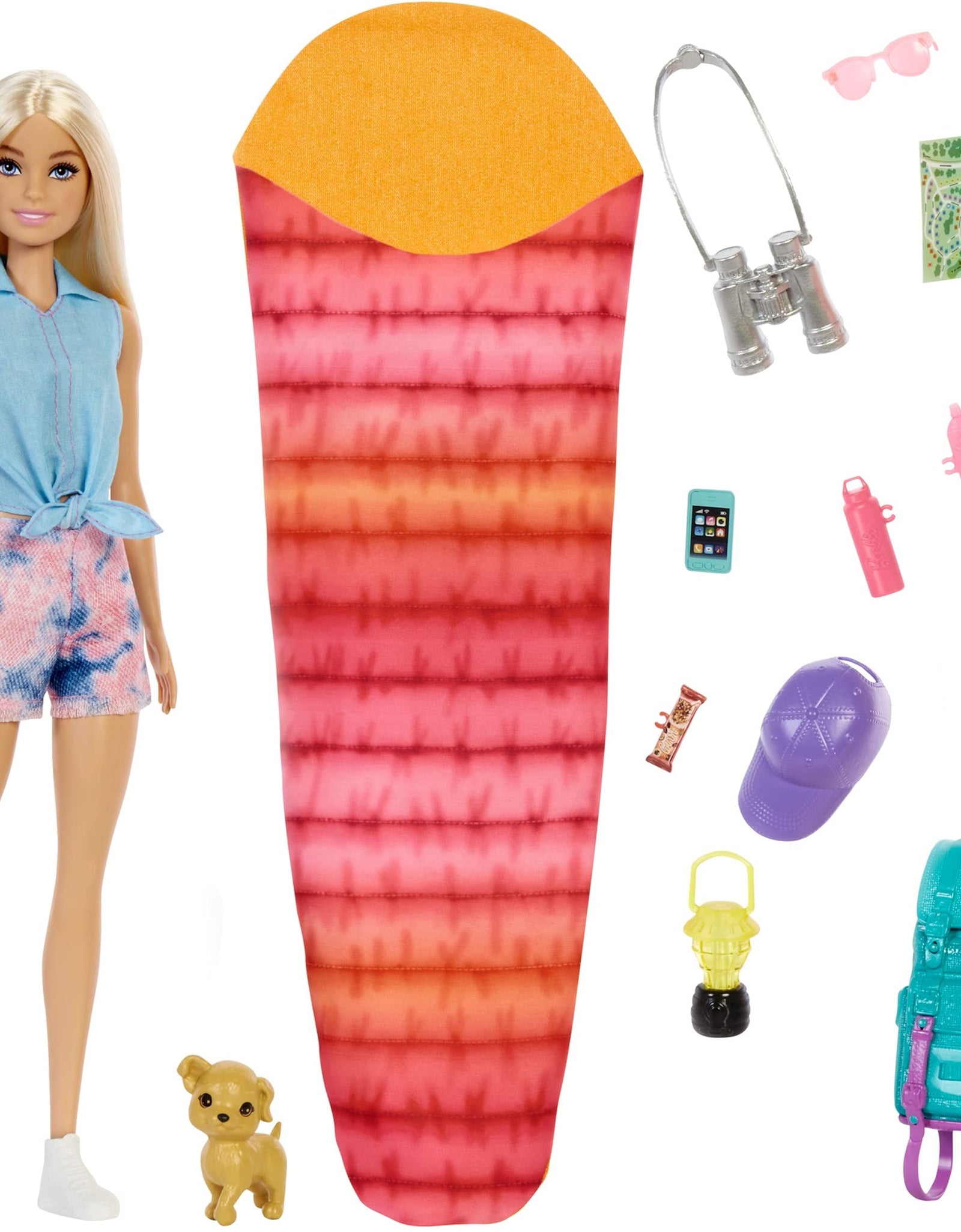 Barbie It Takes Two “Malibu” Camping Doll (11.5 in Blonde) with Pet Puppy, Backpack, Sleeping Bag & 10 Camping Accessories, Gift for 3 to 7 Year Olds
