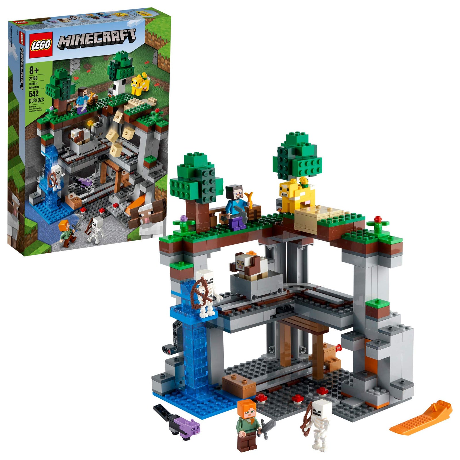 LEGO Minecraft The First Adventure 21169 Hands-On Minecraft Playset; Fun Toy Featuring Steve, Alex, a Skeleton, Dyed Cat, Moobloom and Horned Sheep, New 2021 (542 Pieces)