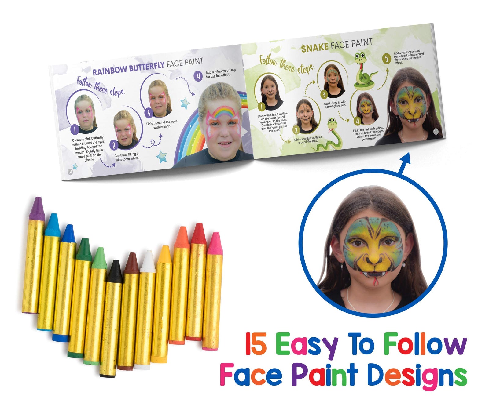 Dress-Up-America Face Paint Crayons - With Artbook & Easy To Follow Facepainting Designs -Safe Non-Toxic Face And Body Paint Made in Taiwan - Halloween Makeup Face Painting Kit for Kids & Adults